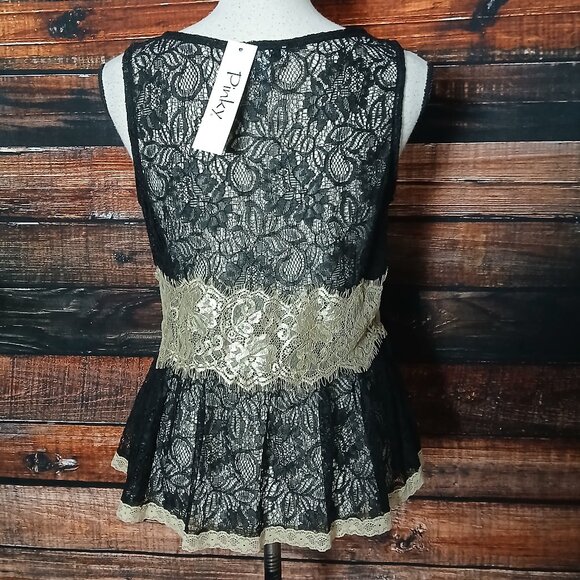 NWT Pinky Lace Top L Sheer Black Gold Peplum Side Zip - Picture 5 of 10